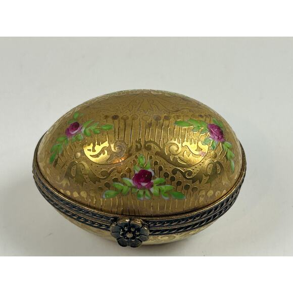 Limoges France Incrustation Trinket Box Hand Painted Roses Raised Gold Oval - Picture 9 of 15